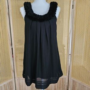 Vintage iCE black mini dress w/ ruffle neckline, pleated details & sheer lace